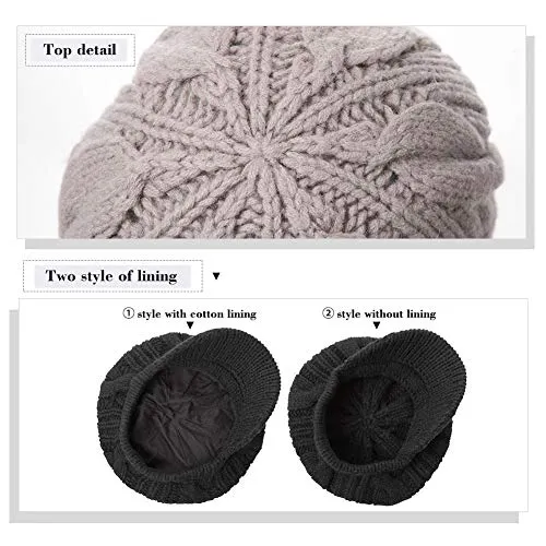 100% Wool Knitted Beanie Hat with Cotton Lined for Women