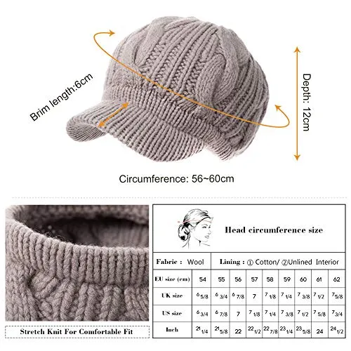 100% Wool Knitted Beanie Hat with Cotton Lined for Women