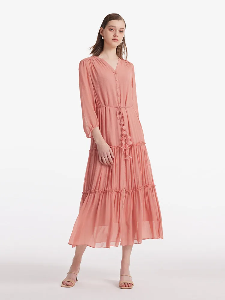 12 Momme Mulberry Silk Tiered Women Maxi Dress With Belt And Bottomed Spaghetti Strap Dress