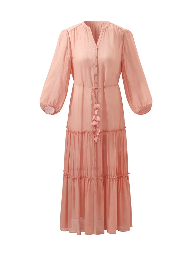 12 Momme Mulberry Silk Tiered Women Maxi Dress With Belt And Bottomed Spaghetti Strap Dress