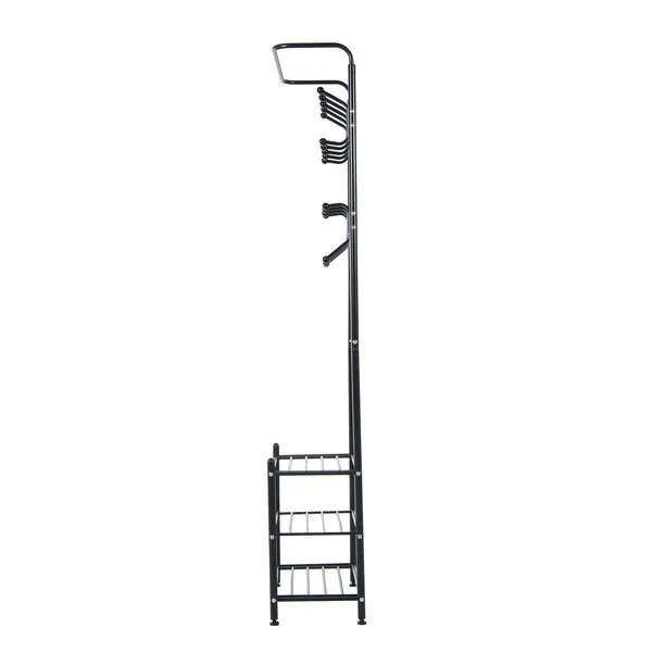 18 Hook Metal Frame Hallway Coat Hanger W/ 3 Tier Shoe Storage Black