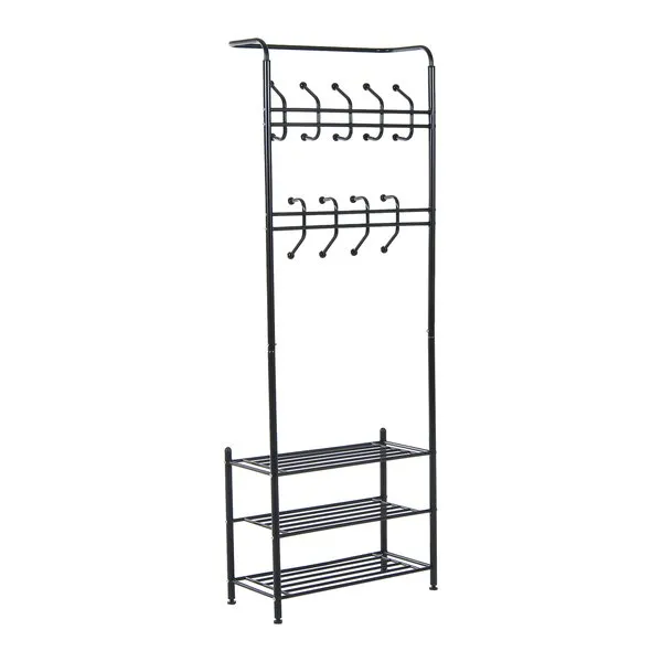 18 Hook Metal Frame Hallway Coat Hanger W/ 3 Tier Shoe Storage Black