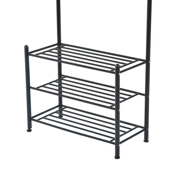 18 Hook Metal Frame Hallway Coat Hanger W/ 3 Tier Shoe Storage Black