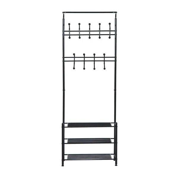 18 Hook Metal Frame Hallway Coat Hanger W/ 3 Tier Shoe Storage Black