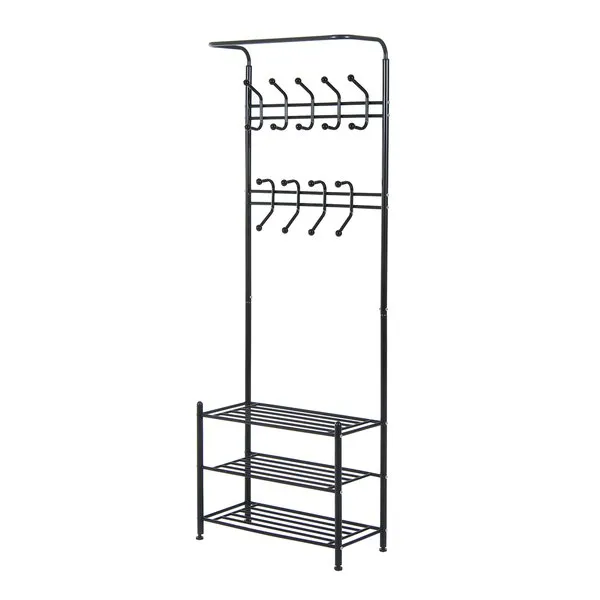 18 Hook Metal Frame Hallway Coat Hanger W/ 3 Tier Shoe Storage Black