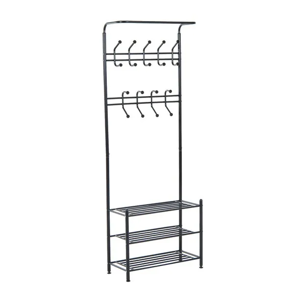 18 Hook Metal Frame Hallway Coat Hanger W/ 3 Tier Shoe Storage Black