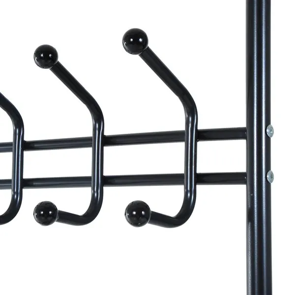 18 Hook Metal Frame Hallway Coat Hanger W/ 3 Tier Shoe Storage Black