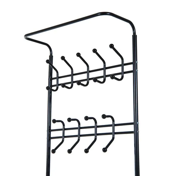 18 Hook Metal Frame Hallway Coat Hanger W/ 3 Tier Shoe Storage Black