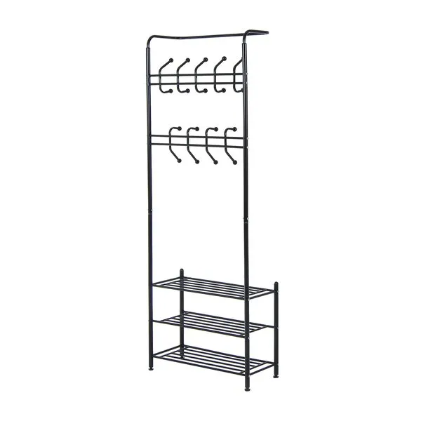 18 Hook Metal Frame Hallway Coat Hanger W/ 3 Tier Shoe Storage Black