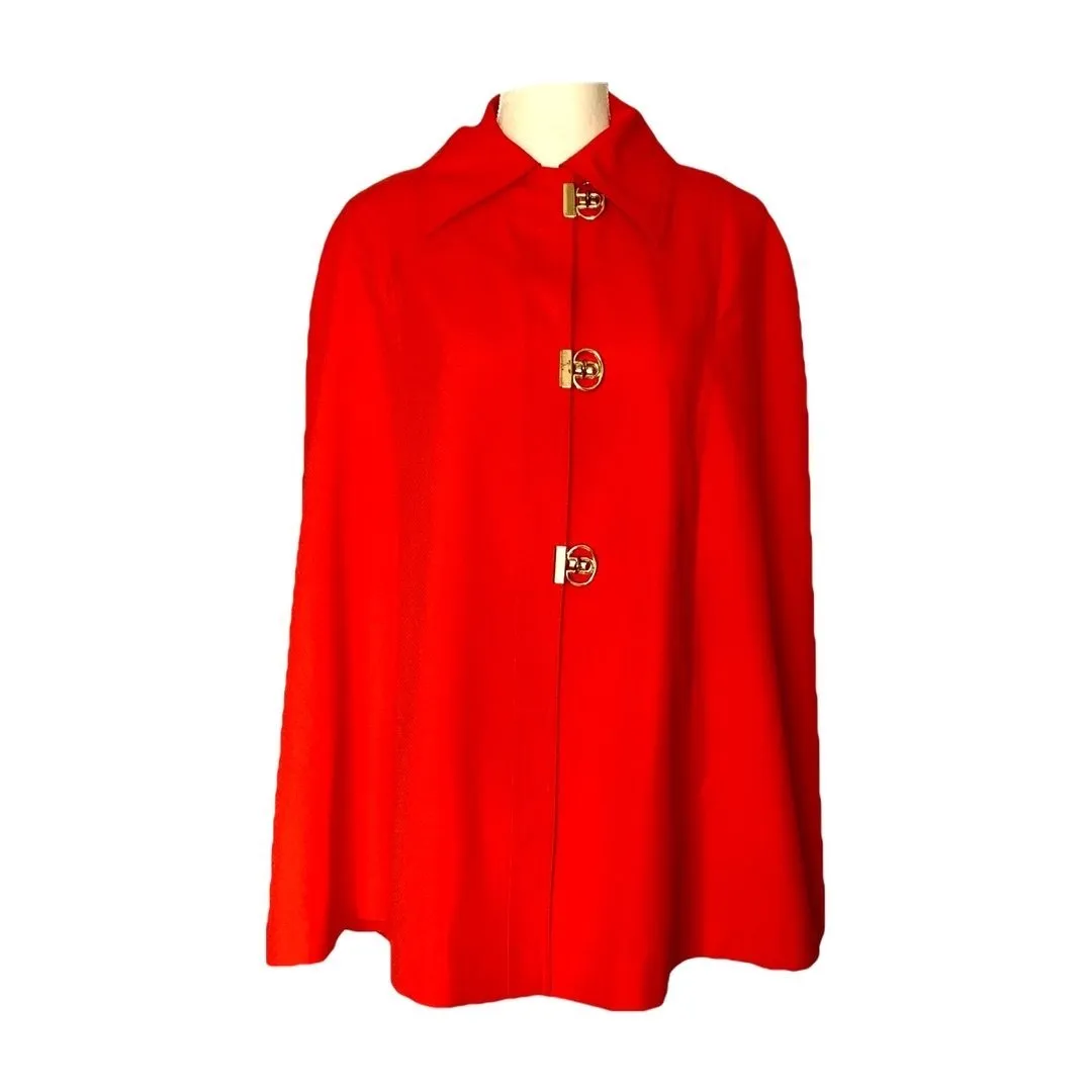 1960s Poppy Red / Orange Cape by Jerold. Perfect Spring Jacket with Toggle Closure.