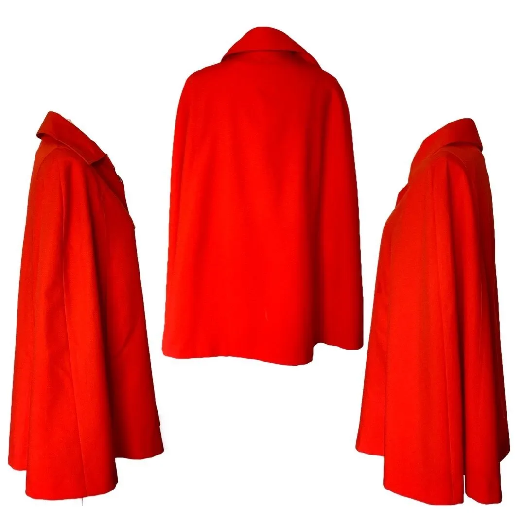 1960s Poppy Red / Orange Cape by Jerold. Perfect Spring Jacket with Toggle Closure.