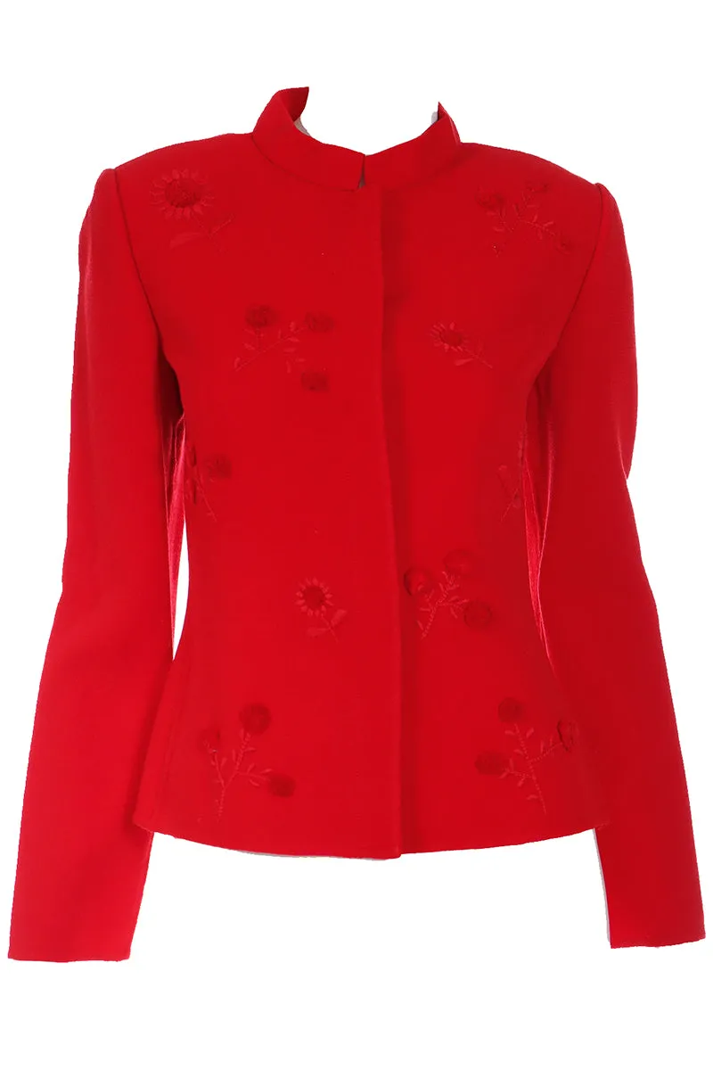 1990s Bill Blass Vintage Red Jacket w Embroidered 3D Flowers