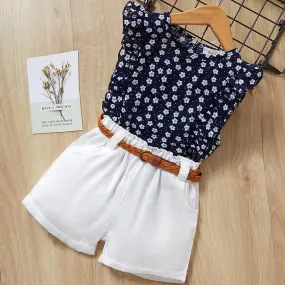 2-piece Floral Sleeveless Polka Dot Printed T-Shirt and Shorts Set