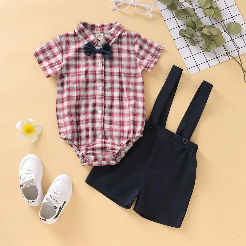 2-Piece Plaid Bownot Decoration Babysuit and Overalls