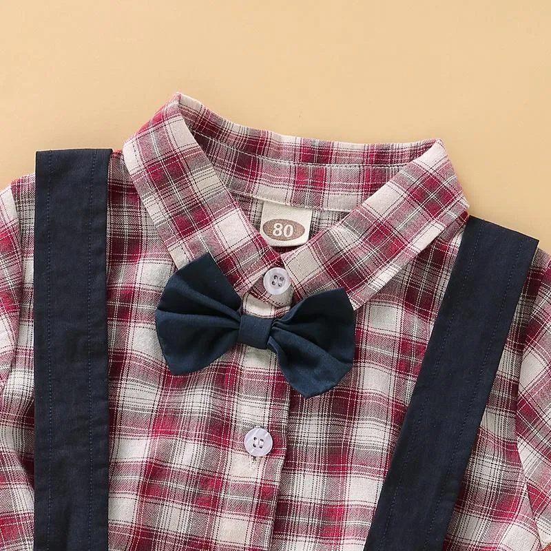 2-Piece Plaid Bownot Decoration Babysuit and Overalls