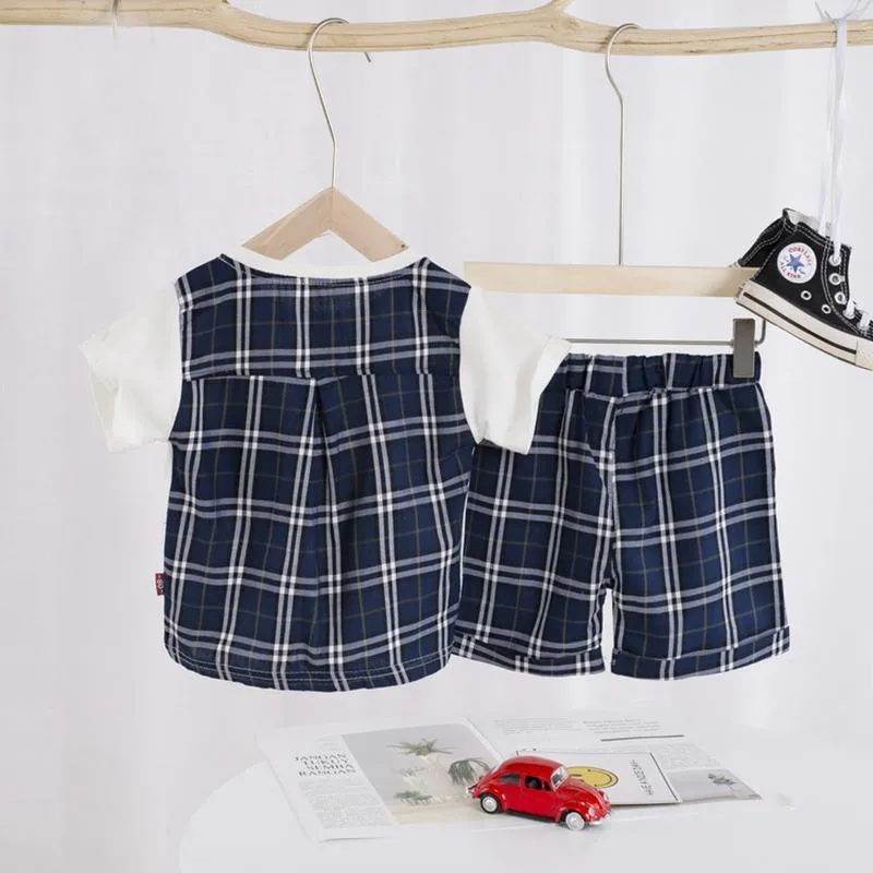 2 Pieces Plaid Pocket Color-block Suit Children's clothing wholesale