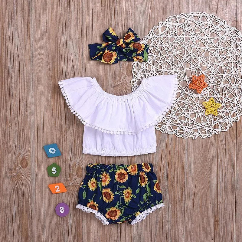 3-piece Solid Tassel Tops & Floral Printed Shorts & Headband for Baby Girl Wholesale children's clothing