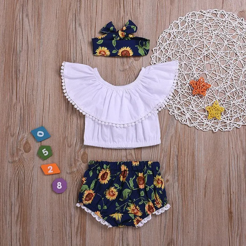 3-piece Solid Tassel Tops & Floral Printed Shorts & Headband for Baby Girl Wholesale children's clothing