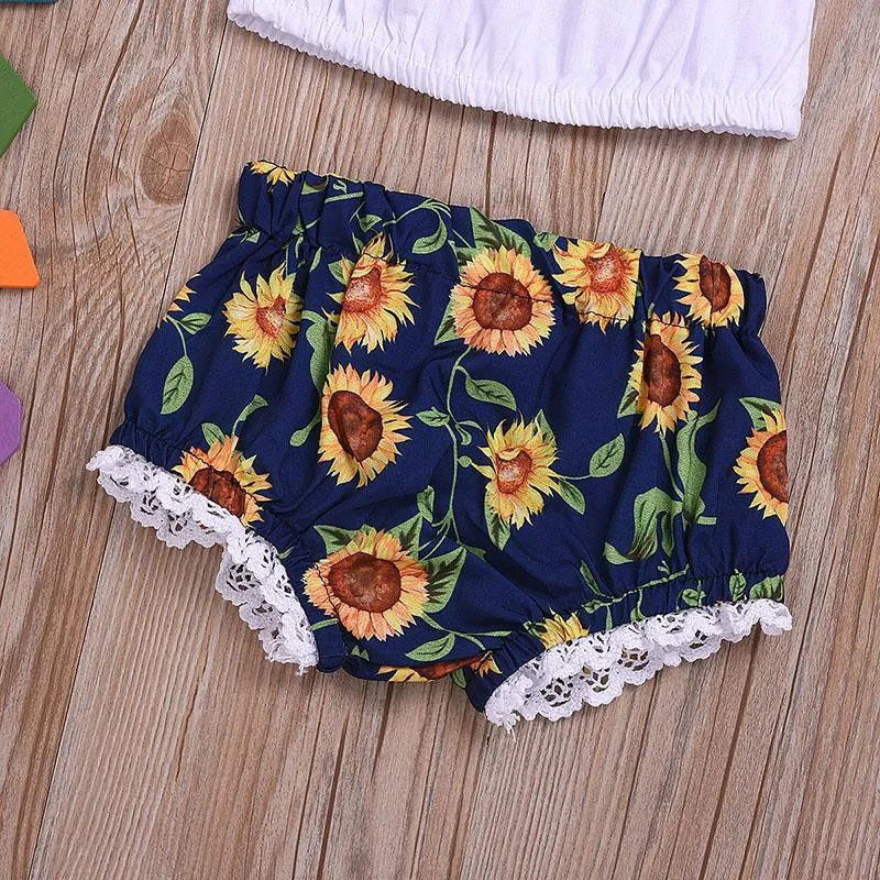 3-piece Solid Tassel Tops & Floral Printed Shorts & Headband for Baby Girl Wholesale children's clothing