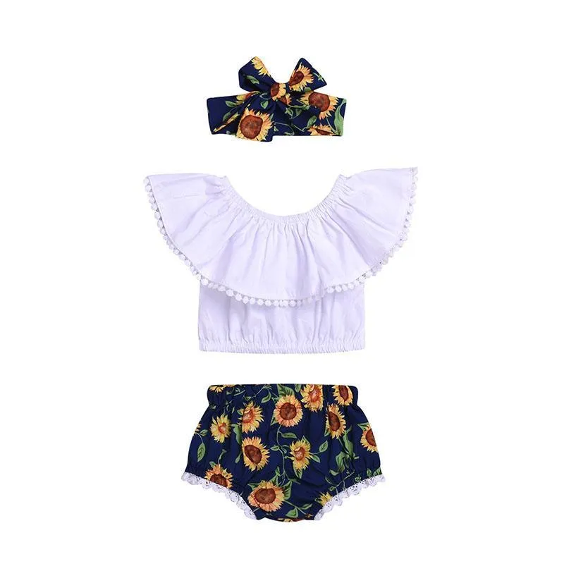 3-piece Solid Tassel Tops & Floral Printed Shorts & Headband for Baby Girl Wholesale children's clothing