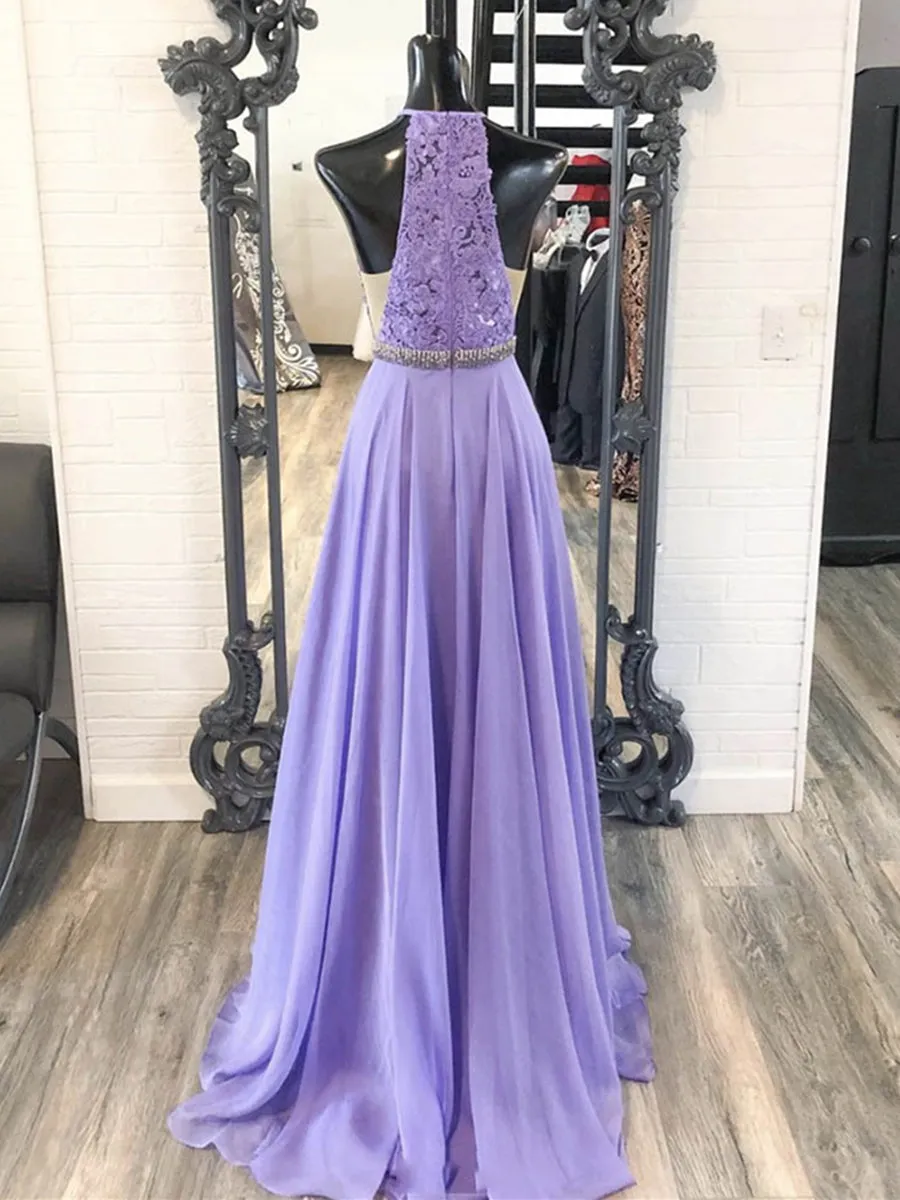 A Line Halter Neck Purple Lace Prom with Belt, Lilac Lace Formal, Purple Evening