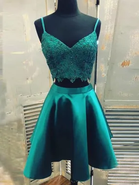 A Line V Neck Two Pieces Lace Green Short Prom Homecoming, Two Pieces Green Lace Formal Graduation Evening