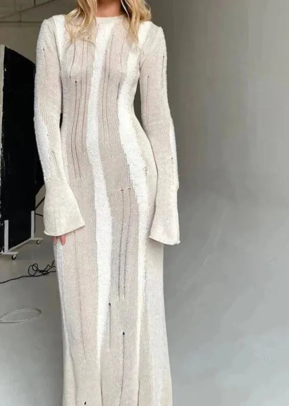 A&A Frayed Knit Sheer Long Sleeve Maxi Dress