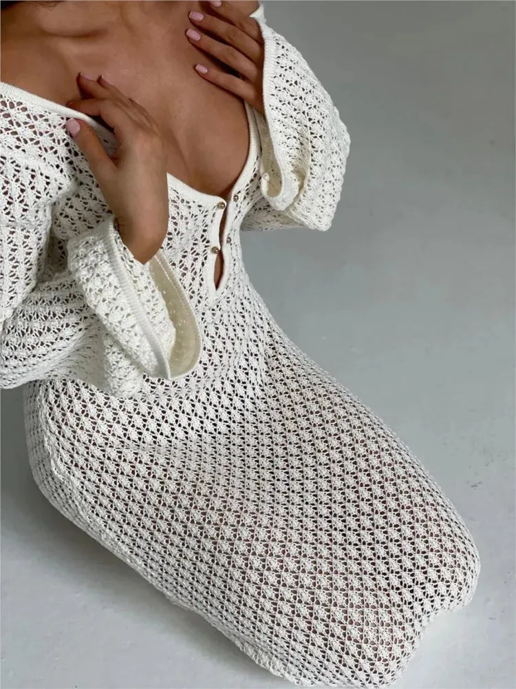 A&A V neck Flare Long sleeved Knitted Maxi Dress