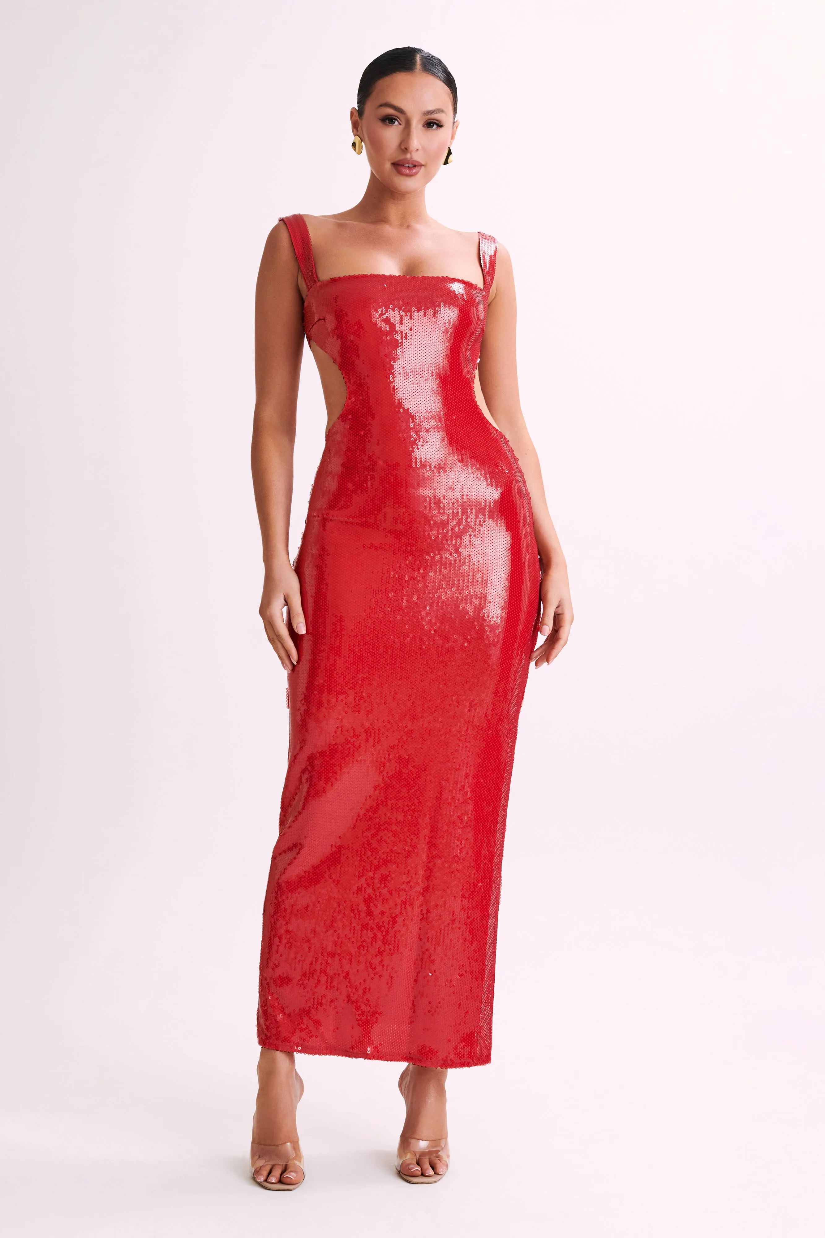 Adoria Sequin Cut Out Maxi Dress - Red