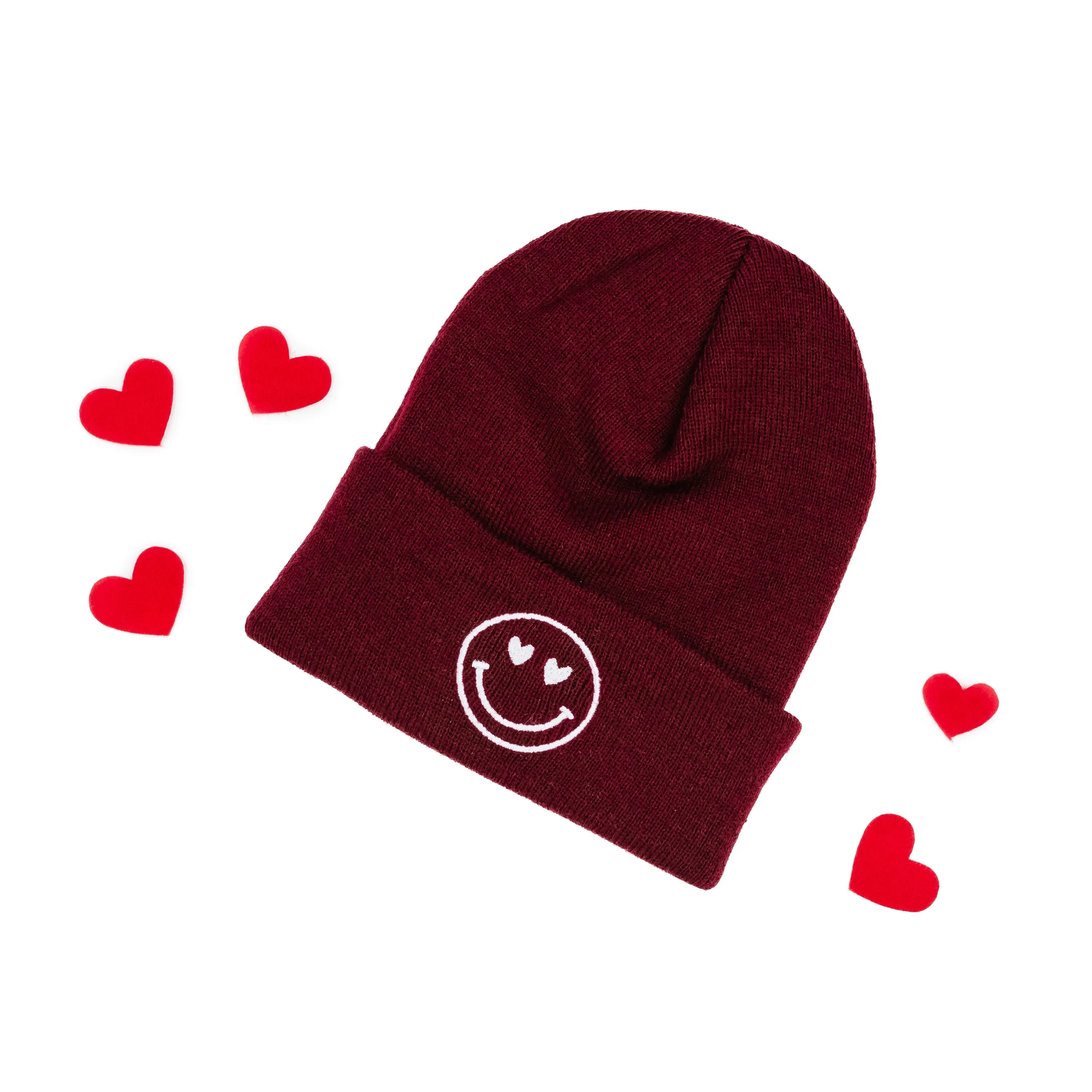 Adult Beanie - Heart Eye Smiley - Maroon w/ White