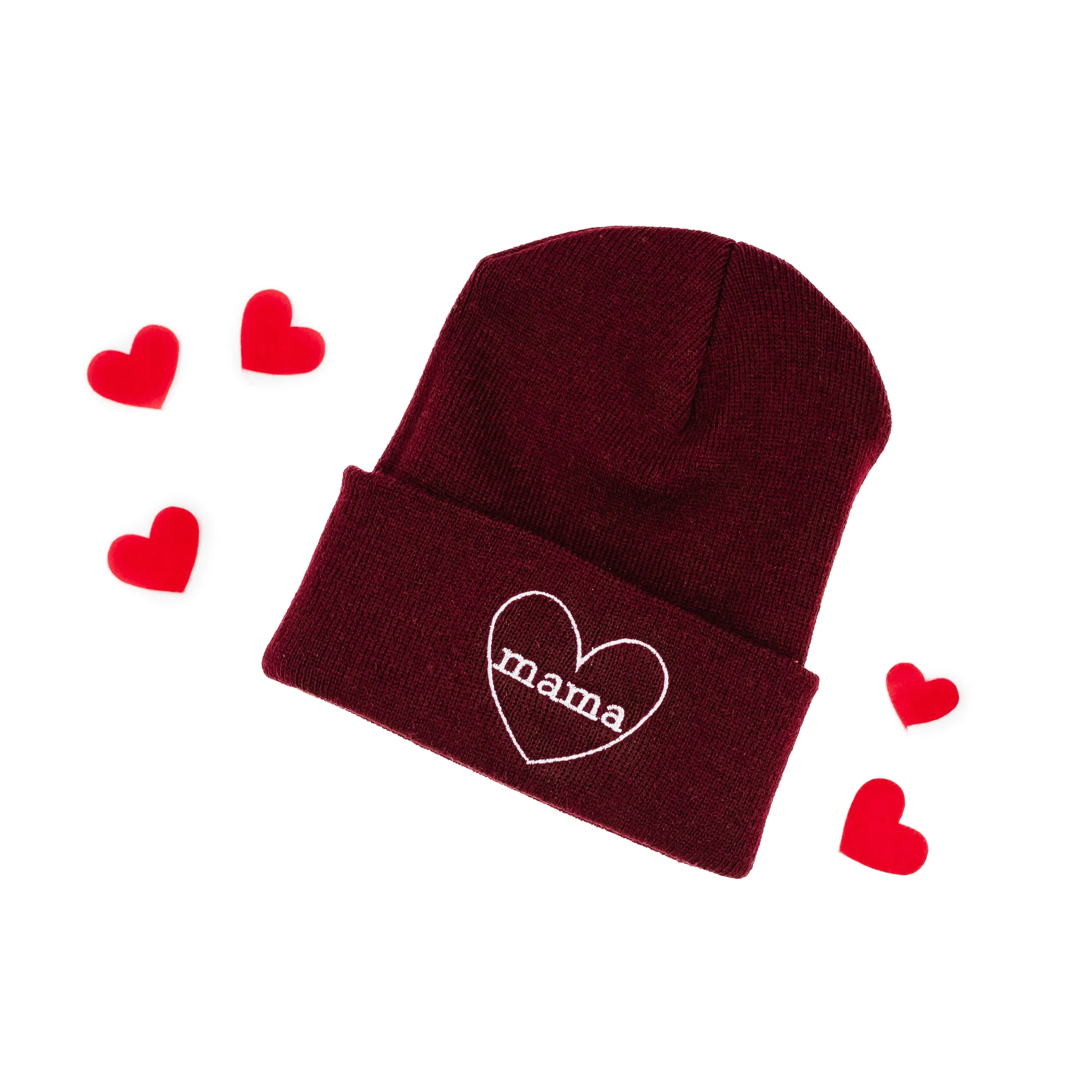 Adult Beanie - Mama Heart Around - Maroon w/ White