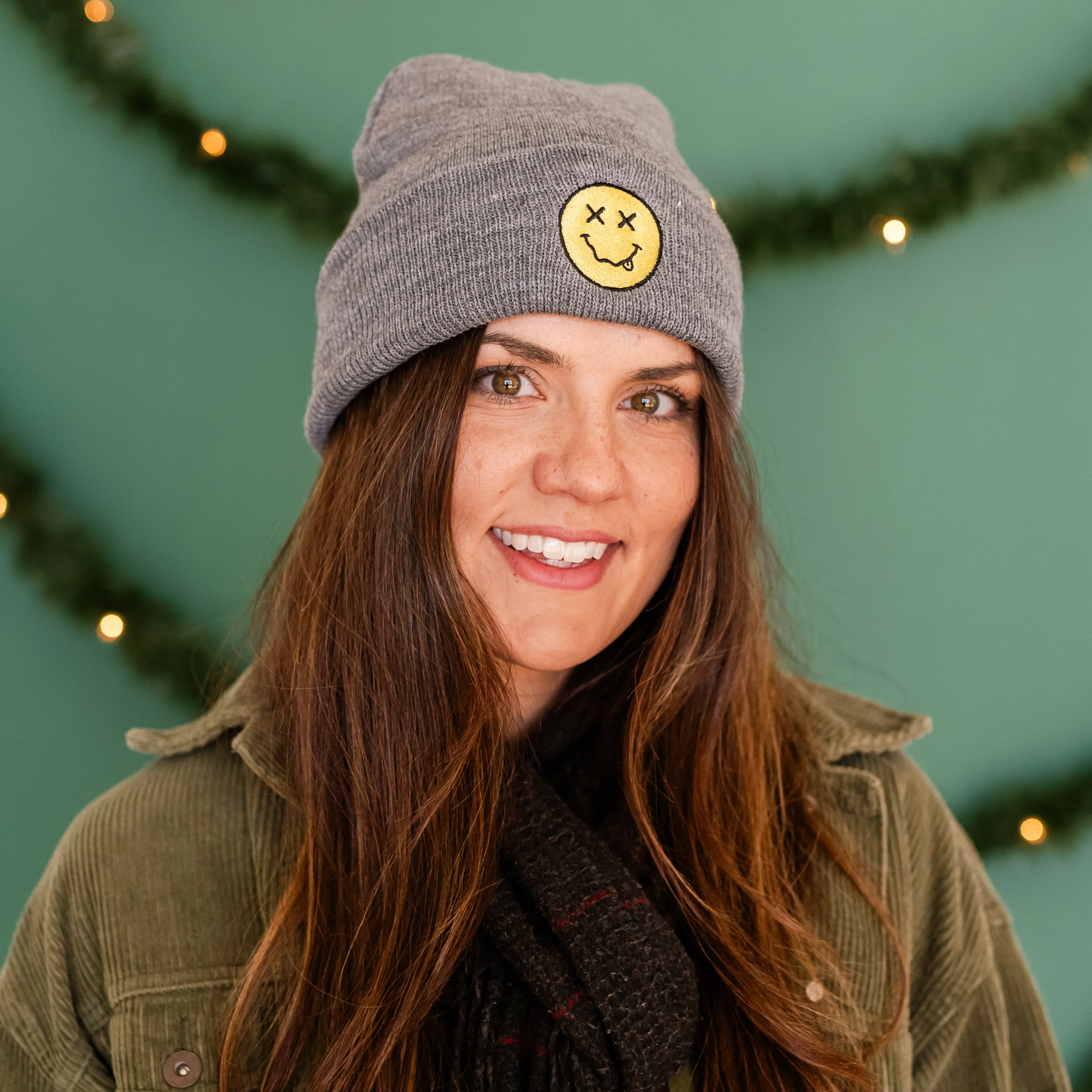 ADULT BEANIE - X Eye Smiley w/ Squiggle Tongue - Gray