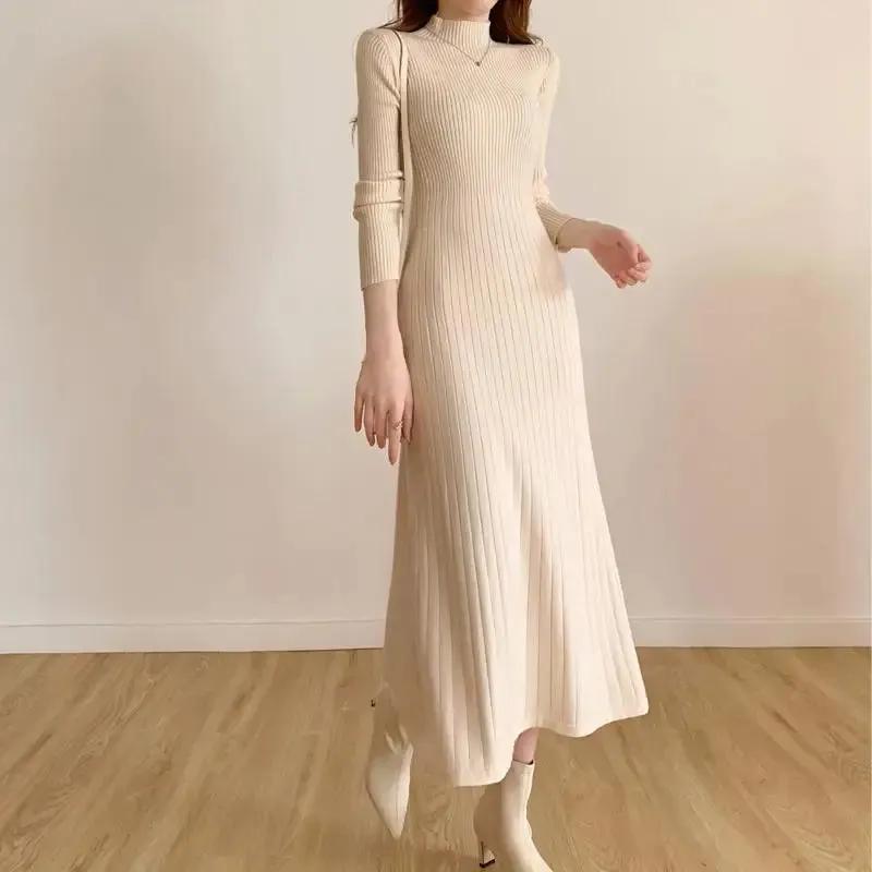 Aiertu Autumn Winter Long Sleeve Party Dress Women Button Knitted Mid-calf  Half High Collar Elegant Knitted Sweater Dresses Ladies