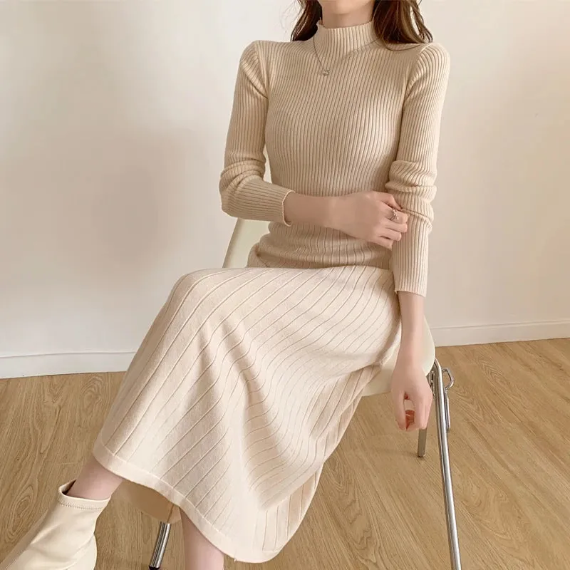 Aiertu Autumn Winter Long Sleeve Party Dress Women Button Knitted Mid-calf  Half High Collar Elegant Knitted Sweater Dresses Ladies