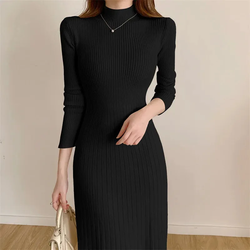 Aiertu Autumn Winter Long Sleeve Party Dress Women Button Knitted Mid-calf  Half High Collar Elegant Knitted Sweater Dresses Ladies