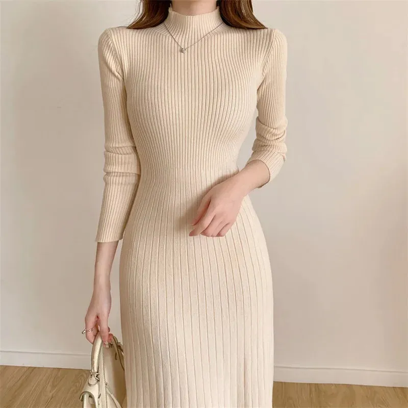 Aiertu Autumn Winter Long Sleeve Party Dress Women Button Knitted Mid-calf  Half High Collar Elegant Knitted Sweater Dresses Ladies