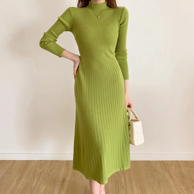 Aiertu Autumn Winter Long Sleeve Party Dress Women Button Knitted Mid-calf  Half High Collar Elegant Knitted Sweater Dresses Ladies