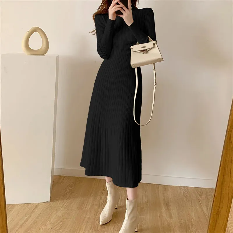 Aiertu Autumn Winter Long Sleeve Party Dress Women Button Knitted Mid-calf  Half High Collar Elegant Knitted Sweater Dresses Ladies