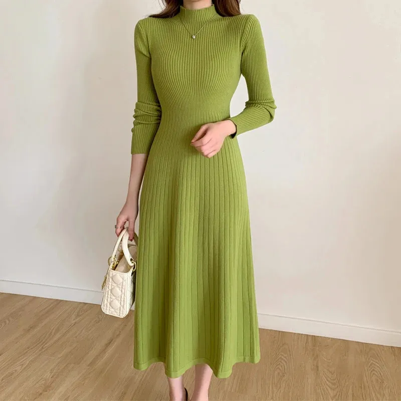 Aiertu Autumn Winter Long Sleeve Party Dress Women Button Knitted Mid-calf  Half High Collar Elegant Knitted Sweater Dresses Ladies