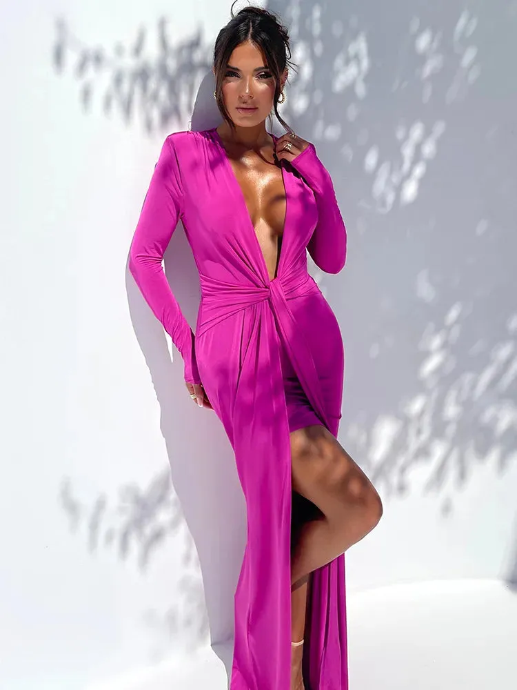 Amozae Deep V Neck Long Sleeve Split Maxi Dress Women Elegant Clubwear 2023 Autumn New Bodycon Ruched Sexy Long Dress