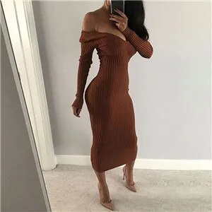 Amozae  Spring Autumn   Deep V-Neck Casual Knitted Dress Women Fashion Long Sleeve Sweater Dresses   Package Hip Long Dress