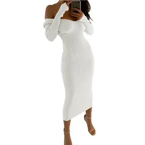 Amozae  Spring Autumn   Deep V-Neck Casual Knitted Dress Women Fashion Long Sleeve Sweater Dresses   Package Hip Long Dress