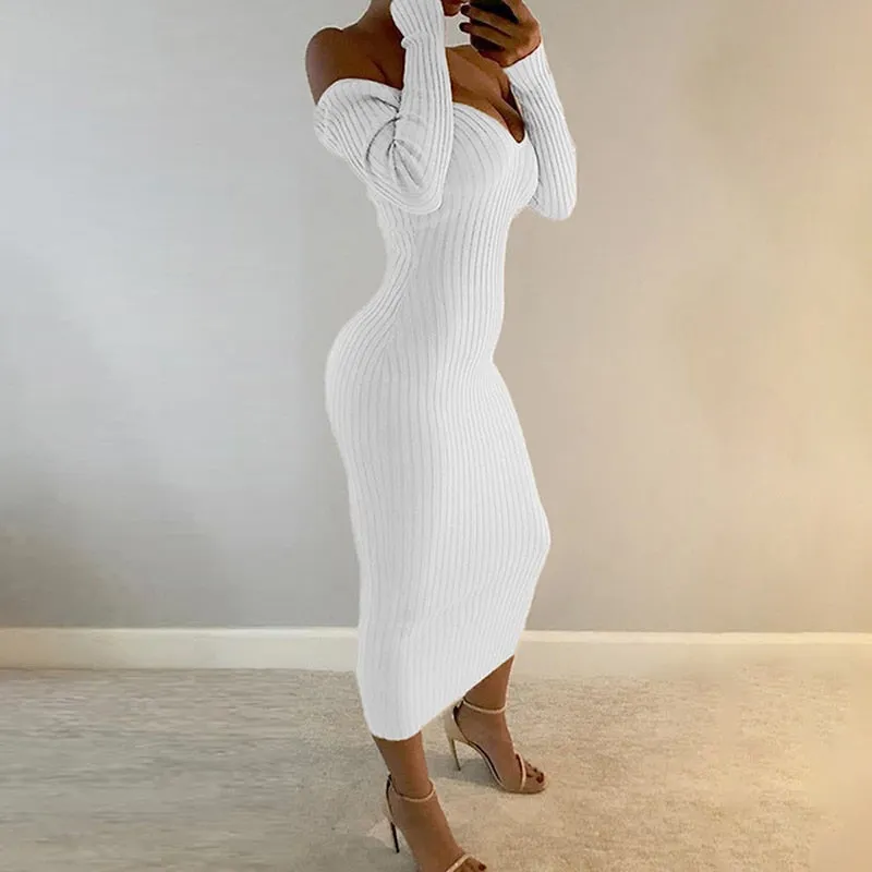 Amozae  Spring Autumn   Deep V-Neck Casual Knitted Dress Women Fashion Long Sleeve Sweater Dresses   Package Hip Long Dress