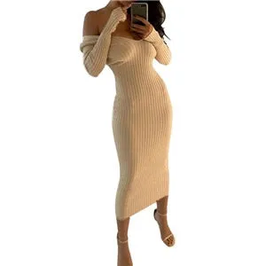 Amozae  Spring Autumn   Deep V-Neck Casual Knitted Dress Women Fashion Long Sleeve Sweater Dresses   Package Hip Long Dress