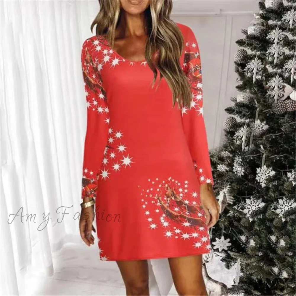 Amy Fashion - Christmas Women Long Sleeve Print Casual Mini Party Dress