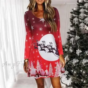 Amy Fashion - Christmas Women Long Sleeve Print Casual Mini Party Dress