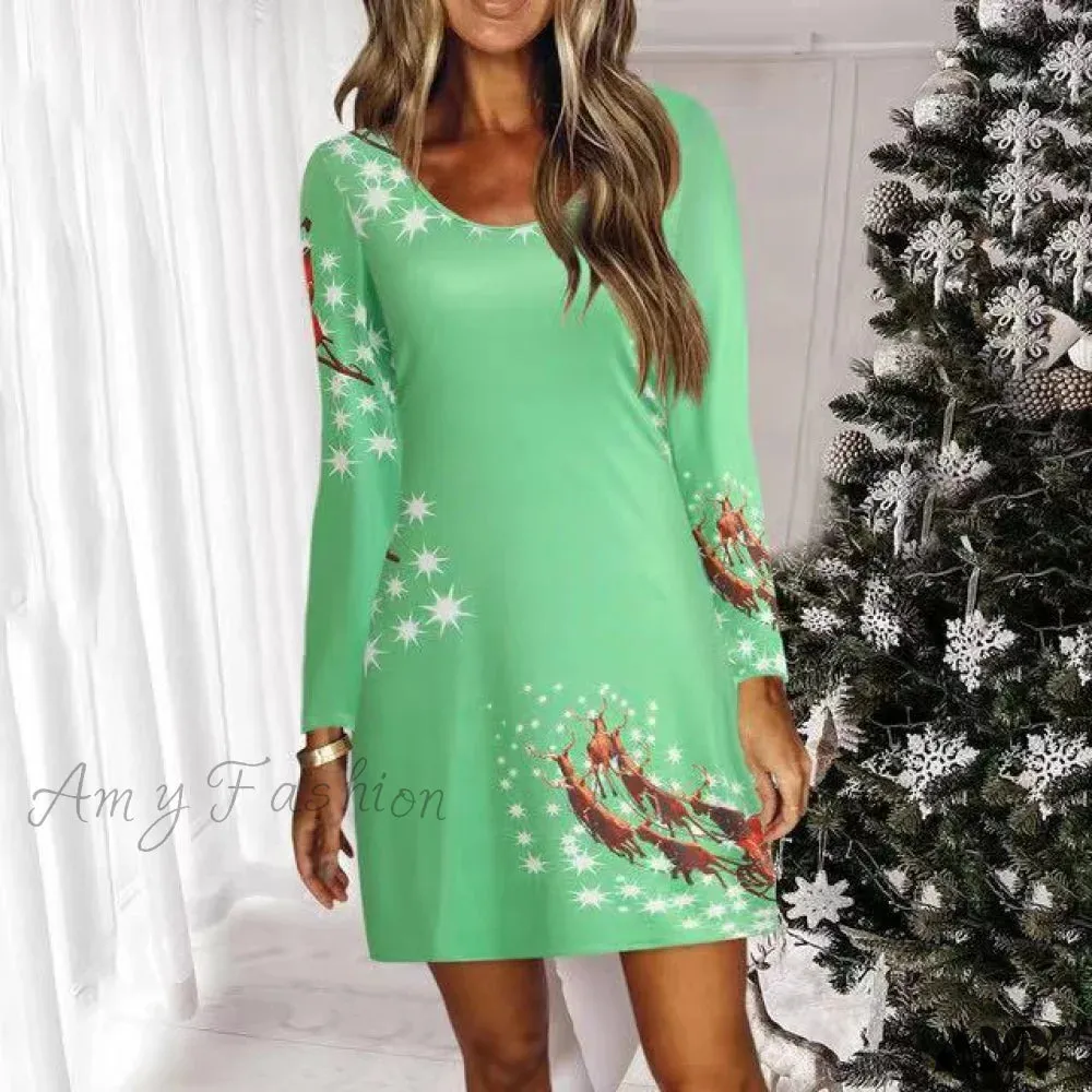 Amy Fashion - Christmas Women Long Sleeve Print Casual Mini Party Dress