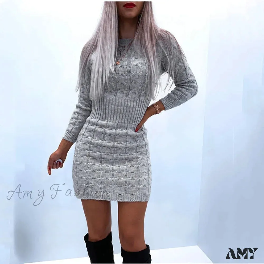 Amy Fashion - Solid Twist Temperament Waist Sweater Dress