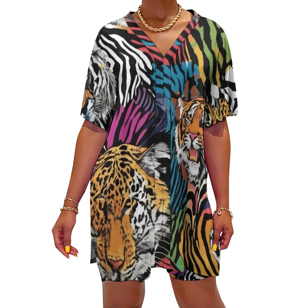 Animal Wild Face V-neck Bat Sleeve Two Piece Shorts Outfit Set