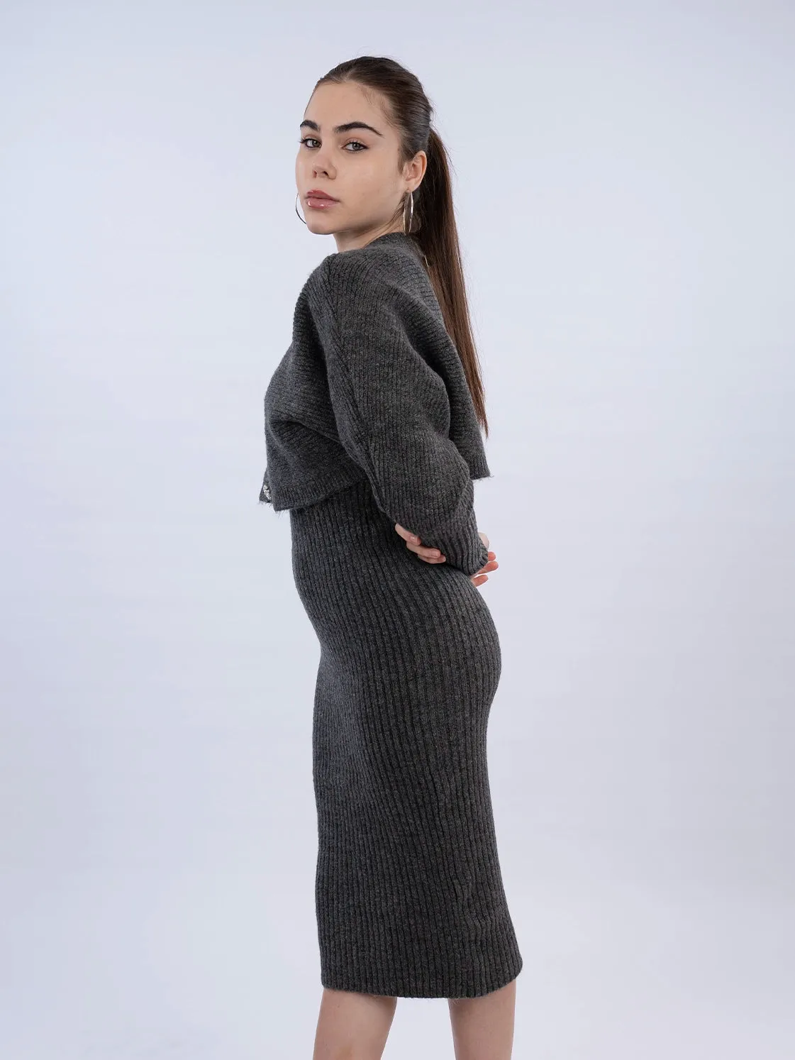 Antrasit Dress With Cardigan Knit Wear Set